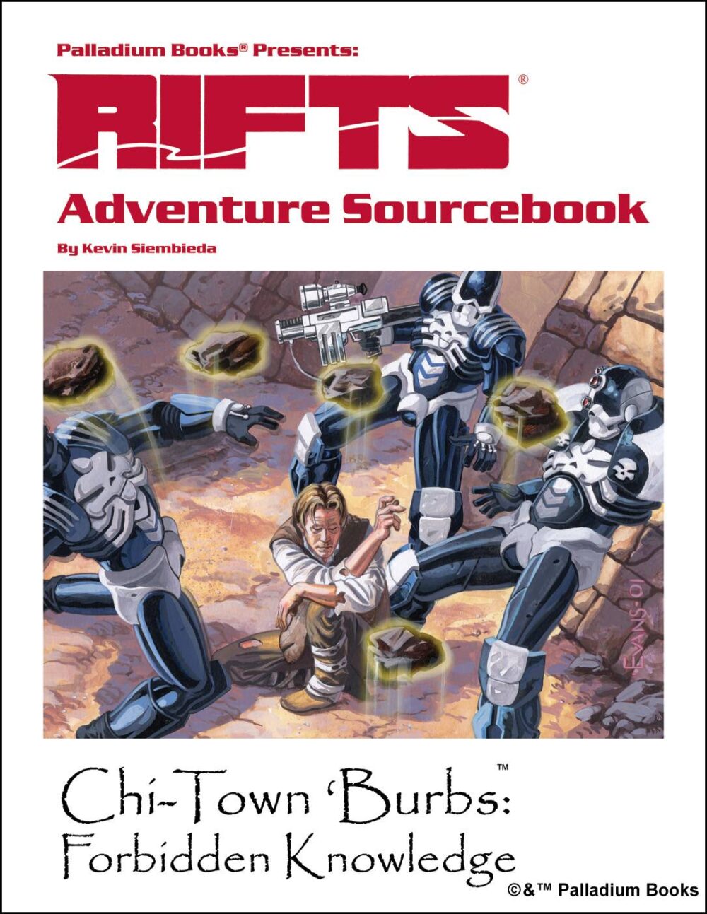 the cover of Rifts Adventure Sourcebook 1 Chi-town burbs: forbidden knowledge, shows a mage knocking out a squad of coalition troops with floating rocks