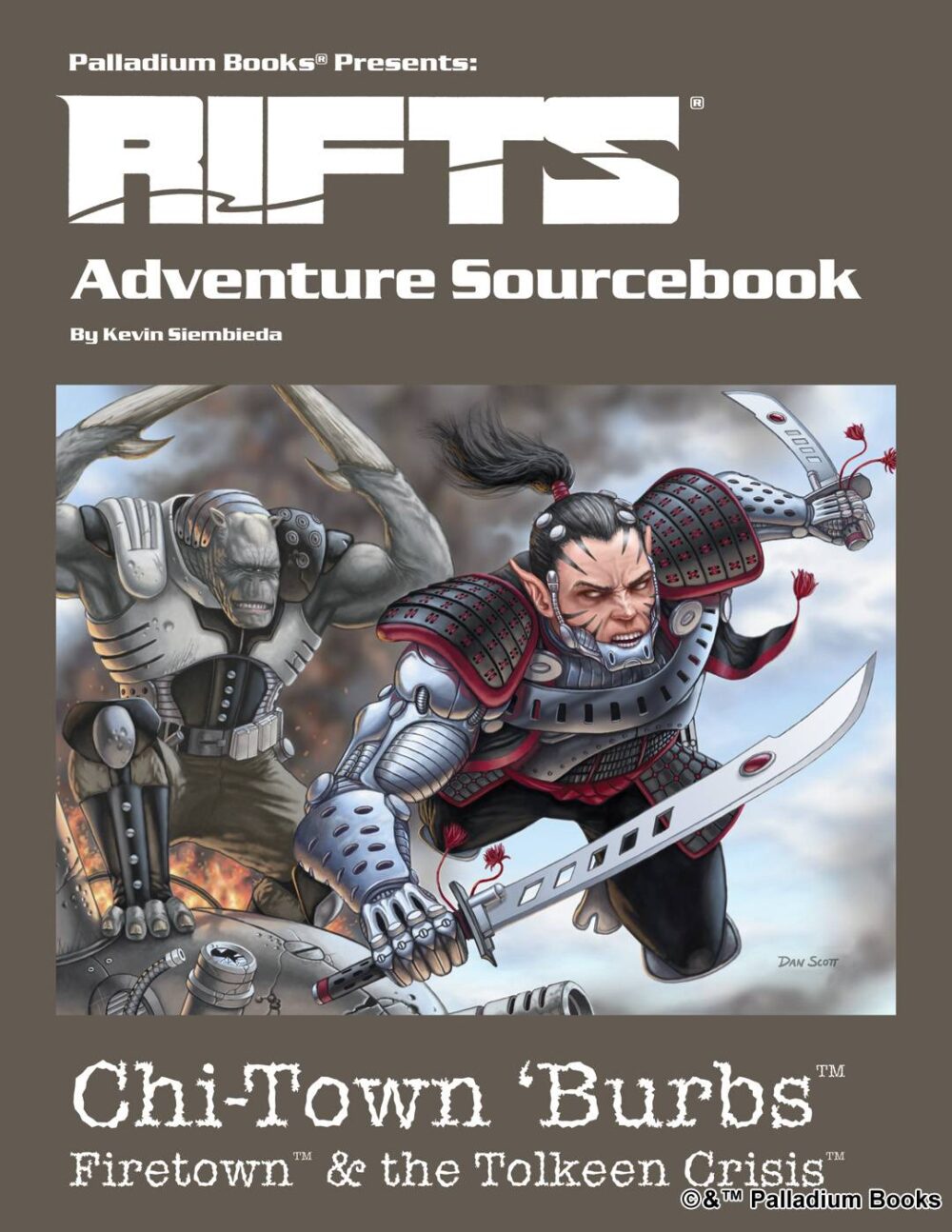 the cover of Rifts Adventure Sourcebook 2 Chi-town burbs: Firetown, a Tolkeen crisis, shows two d-bees, a Tirrvol with bone sword arms and a Kremin Cybork with their sword launching into battle, they're known as the Caliber Street Irregulars