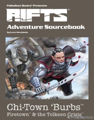 the cover of Rifts Adventure Sourcebook 2 Chi-town burbs: Firetown, a Tolkeen crisis, shows two d-bees, a Tirrvol with bone sword arms and a Kremin Cybork with their sword launching into battle, they're known as the Caliber Street Irregulars