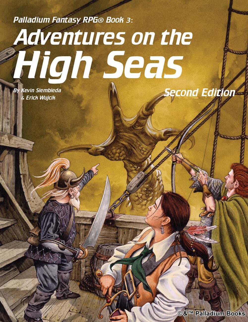 the cover of Palladium Fantasy RPG's book 3: Adventures on the High Seas, shows a group of adventurers on a boat a s a large hand raises out of the yellow mist of the water around them