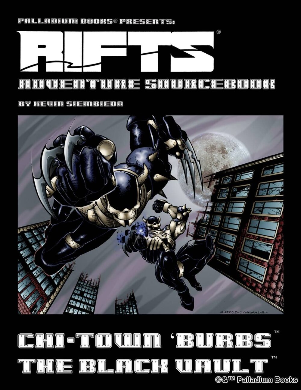 the cover of Rifts Adventure Sourcebook 3 Chi-town Burbs: The Black Vault, shows 2 coalition juicers jumping down from the top of sky scrapers