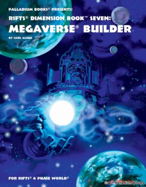 The cover for Rifts Dimension Book 7 Megaverse Builder, shoes a multitude of planets being magically created by a supreme being