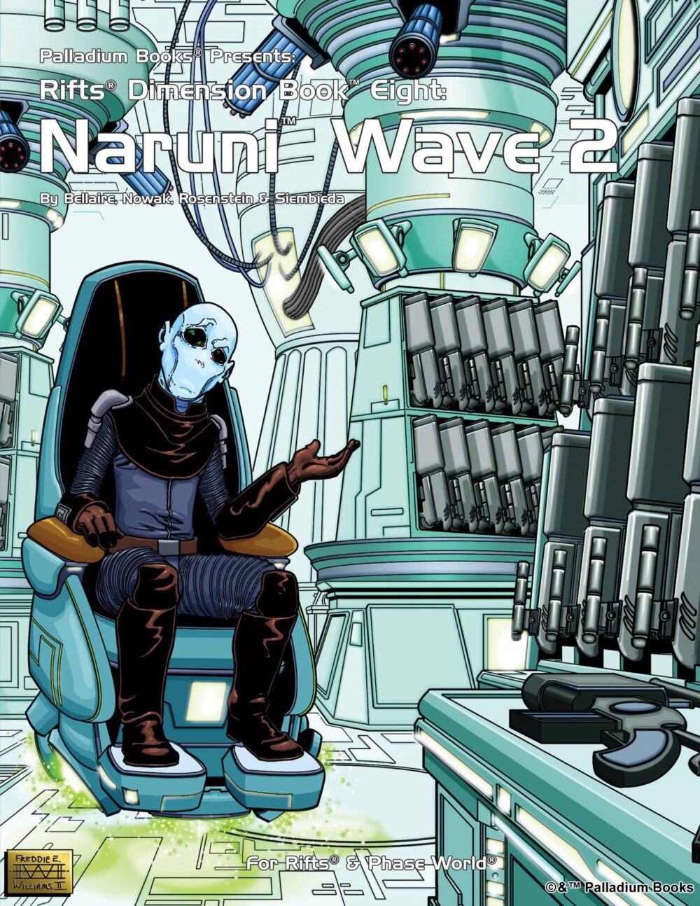 shows the cover of Rifts Dimension Book 8, Naruni Wage 2, shows a Naruni weapons representative in their ship, surrounded by racks of weapons