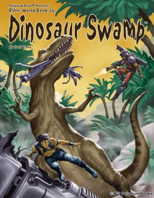 the cover of Rifts World Book 26 Dinosaur Swamp, shows a tyrannosaurus Rex trying to eat two adventurers