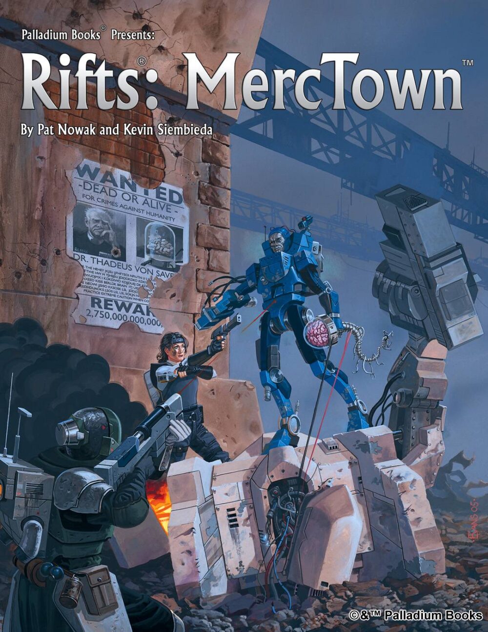 the cover of Rifts Mercenaries 2 MercTown, shows a cyborg robot holding a brain attached to a spine while pointing his gun at another mercenary