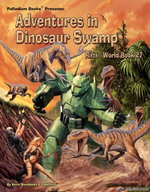 the cover for Rifts World Book 27 Dinosaur Adventures, shows a green robot getting attacked by raptors