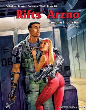 the cover of Rifts World book 28 Arzno, shows a mercenary under the influence of a female vampire in hot pink workout clothes