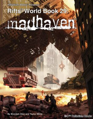 the cover of Rifts World book 29 Madhaven, shows several hover vehicles traveling through the ruined streets of manhattan