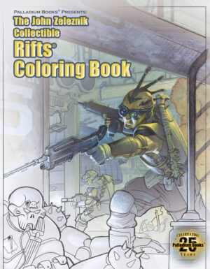 cover for John Zeleznik's rifts coloring book featuring the artwork for the Juicer uprising book partially colored in, partially in black and white outline