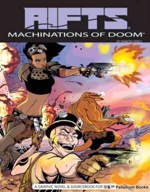 the cover of Rifts Machinations of Doom, shows the whole crew in the middle of a fire fight with coalition troops