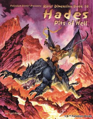 the cover for Rifts Dimension Book 10 Hades, shows a demon with black wings and a sickle and whip riding a demonic panther lizard