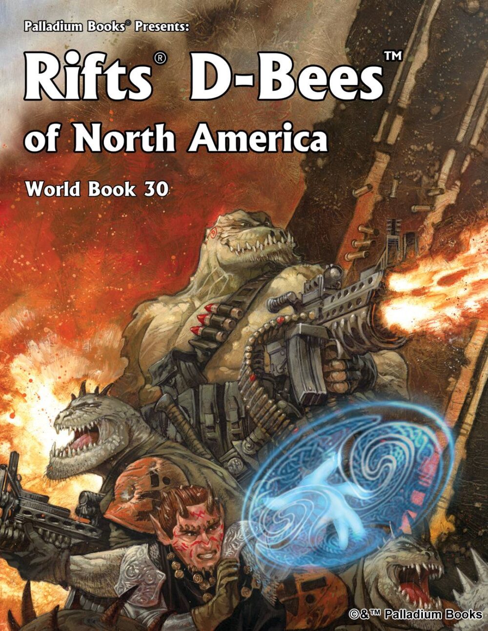 the cover of Rifts World Book 30 D-Bees of North America, shows several dimensional beings (aliens) in the middle of a battle