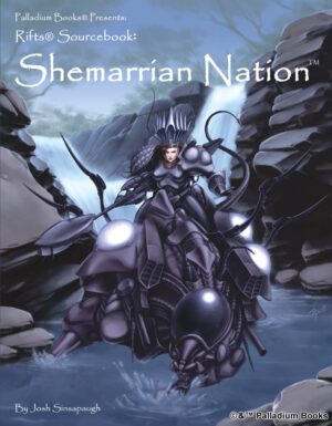 Cover artwork for Rifts Sourcebook 5 Shemarrian Nation, shows a Shemarrian warrior on her Monst-rex mount