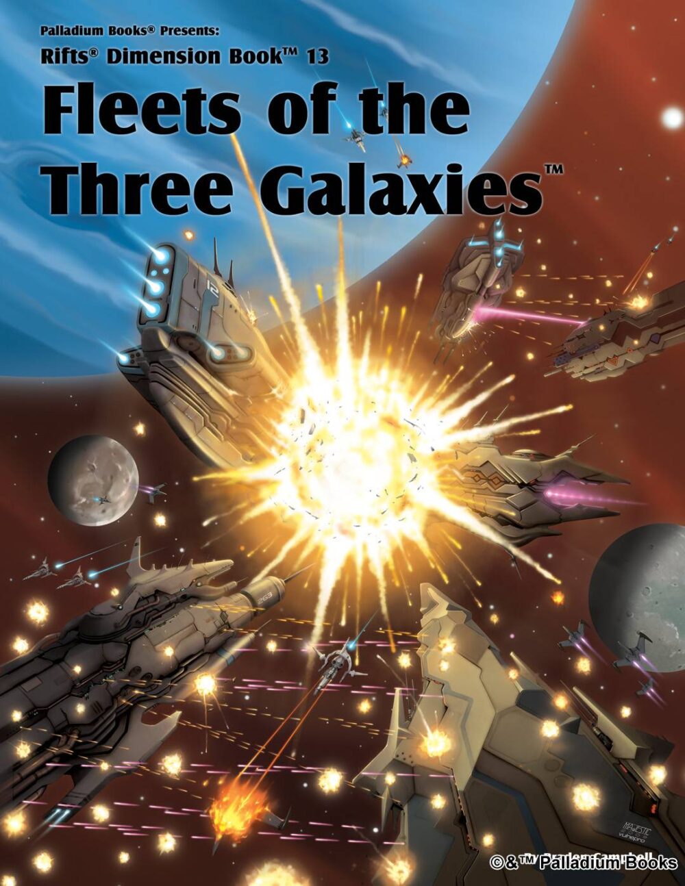 the cover artwork for Rifts Dimension Book 13 Fleets of the Three Galaxies, shows a space battle with a space ship exploding over a planet