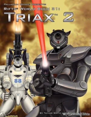 The cover of Rifts world book 31 Triax 2, shows several Triax forces firing their lasers