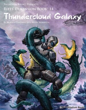 the cover of Rifts Dimension book 14, Thundercloud galaxy, shows a man in body armor fighting a hydra alien as it tries to eat him