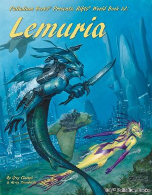 the cover for rifts world book 32, Lemuria, shows several lemurian mermaid people swimming near their city