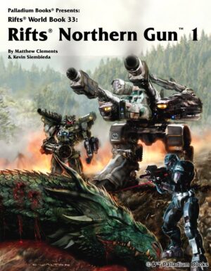 the cover for Rifts World Book 33 Northern Gun 1, shows two robots standing over the body of a dead dragon