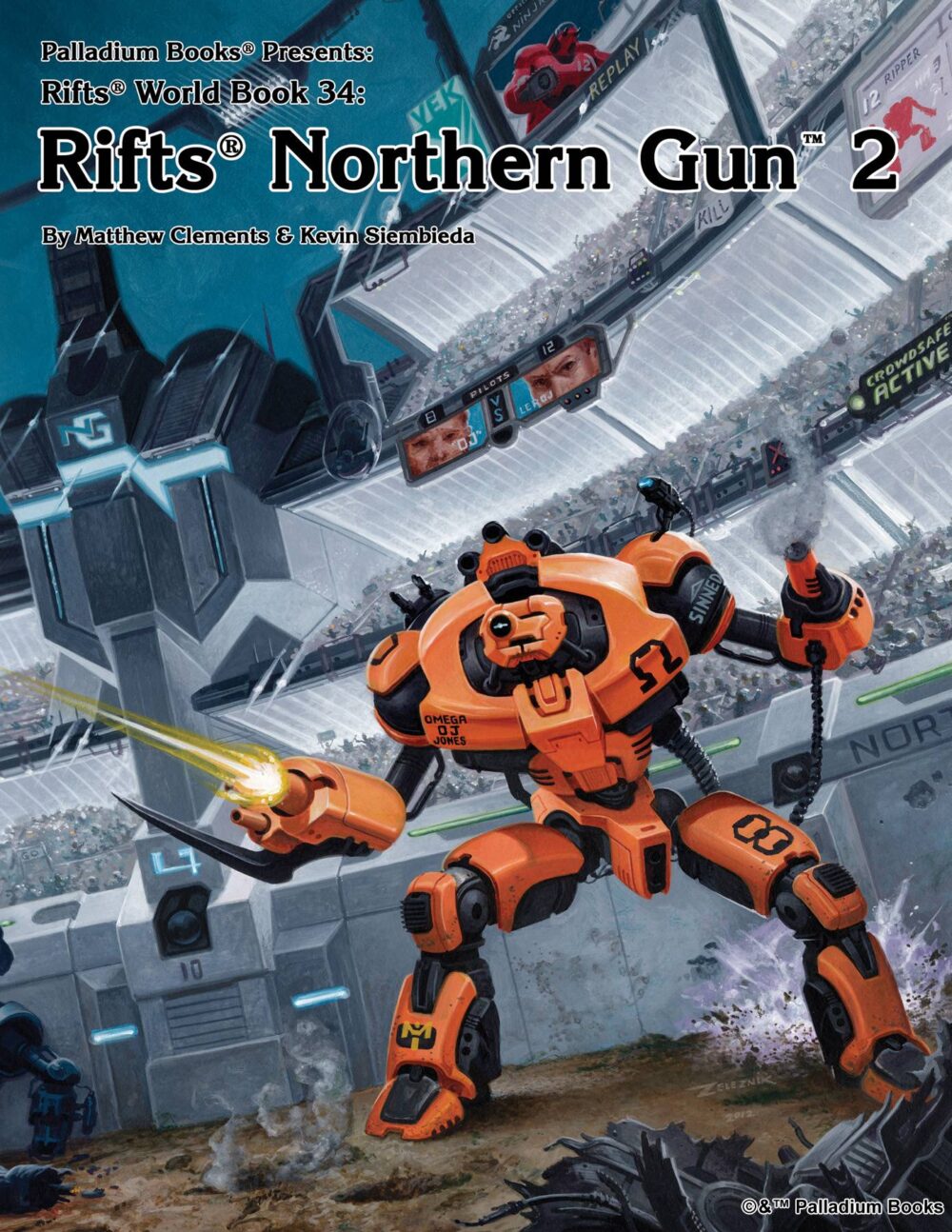 Rifts World Book 34 Northern Gun 2, shows a robot in a battle arena