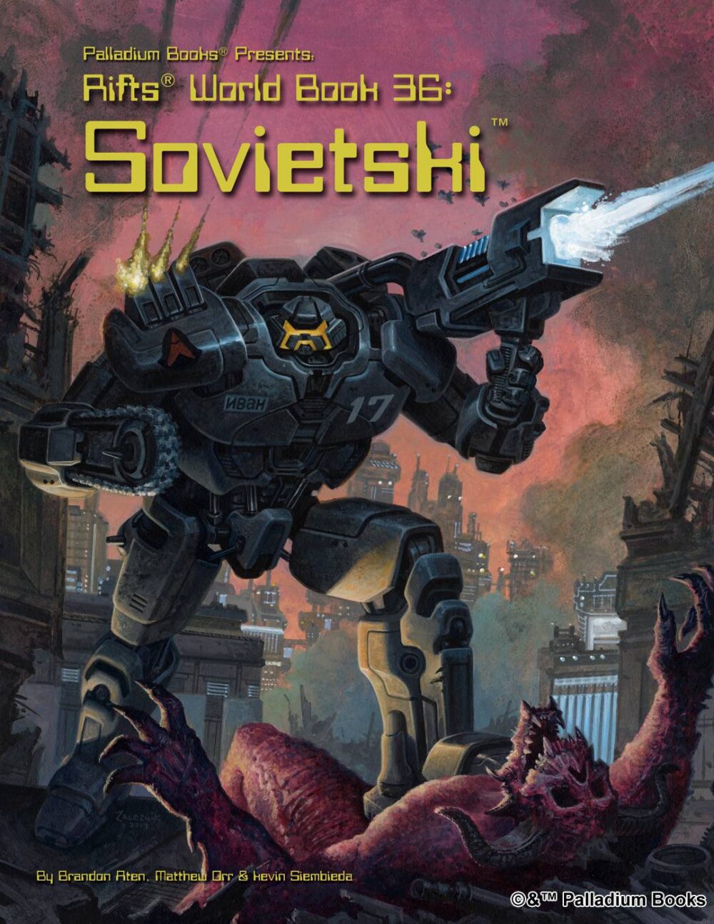 cover for Rifts Sovietski, shows a giant robot standing over the dead body of a demon