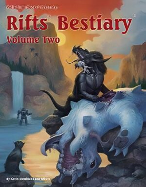 rifts beastiary number 2 cover, an alien wolf eating a dead alien salamander the size of a cow