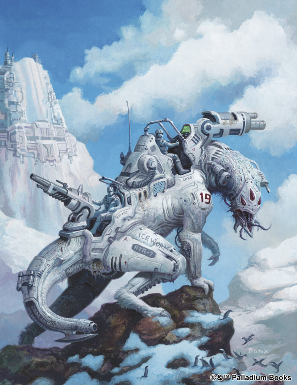 the artwork for Rifts antarctica. It shoes a cyborg alien beast robot perched on a rock with guns mounted on its back