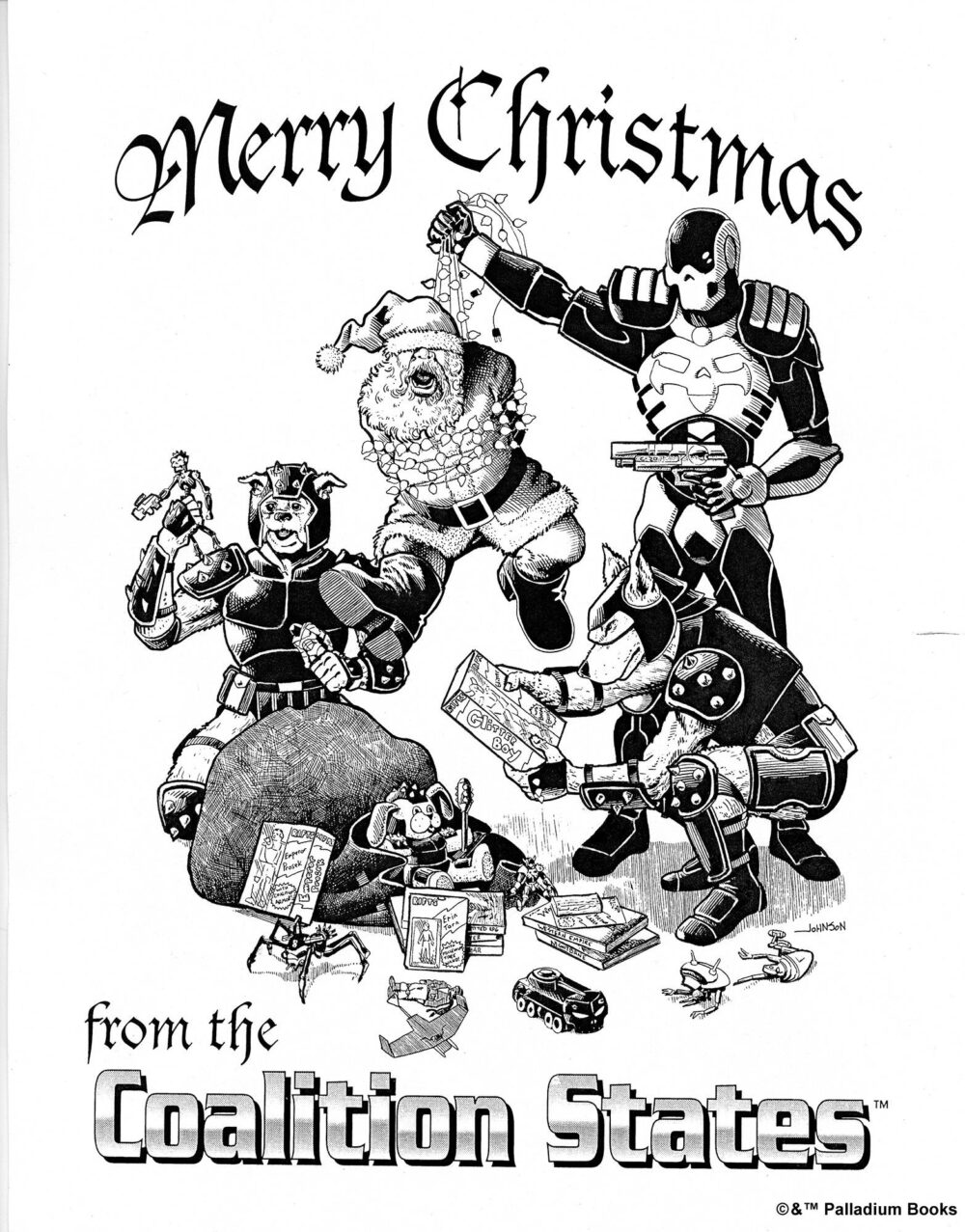 a black and white picture of a coalition dog boy squad and their human officer holding santa hostage for having contraband in his sack, the words Merry Christmas Coalition States surround the art