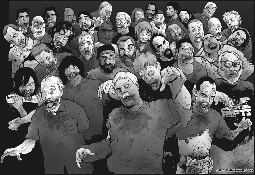 a black and white drawing of a hoard of zombies (includes many palladium staff, writers and artists