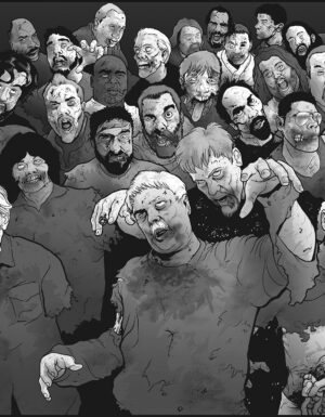 a black and white drawing of a hoard of zombies (includes many palladium staff, writers and artists