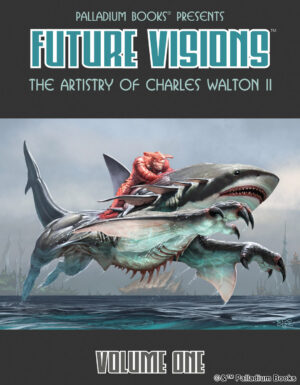 cover of future visions artbook featuring a splicers host armor warrior in hammerhead armor riding a panther shark