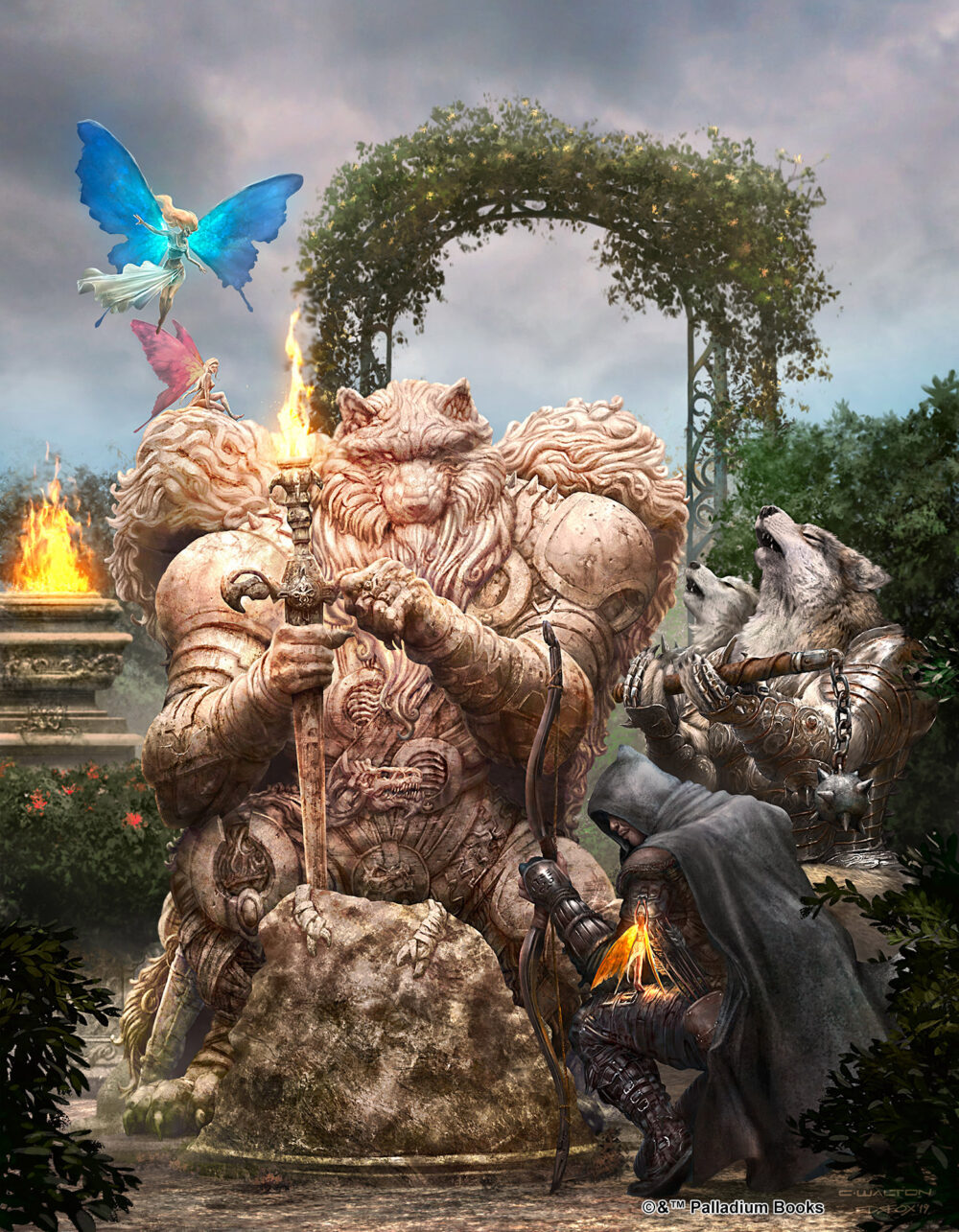 Artwork for Garden of the Gods, it shows a picture of wolfen worshiping a wolfen statue. there's also a fairy and a garden behind them