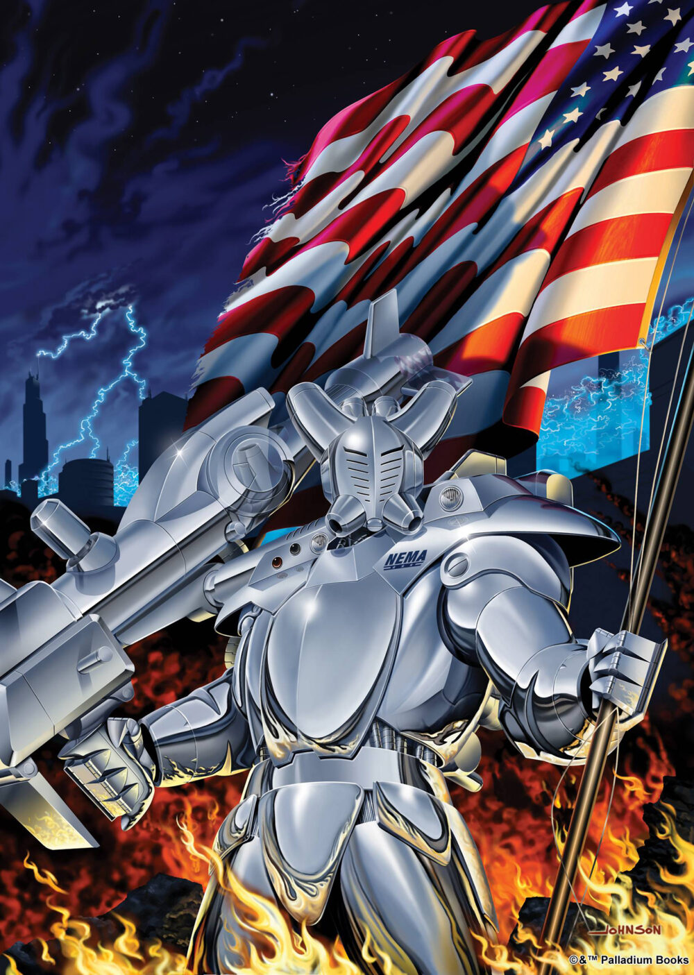 the chaos earth glitter boy robot armor holding an American flag while surrounded by fire