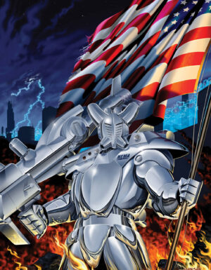 the chaos earth glitter boy robot armor holding an American flag while surrounded by fire