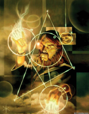 cover artwork for Palladium Fantasy RPG's Heart of Magic, shows a male mage casting a technical magic spell