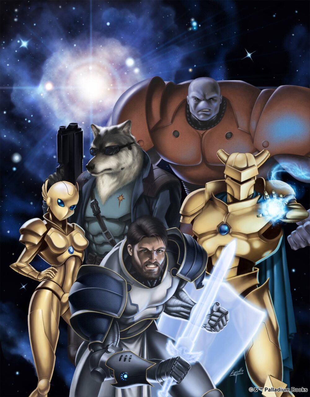 the cover artwork for Heroes of the Megaverse, shows several cosmo knights ready for battle