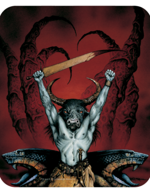 A mousepad with the cover of palladium books old ones cover art on it, a minotaur holding a sword above its head, two huge snake heads behind it and demonic tentacle claws in the background