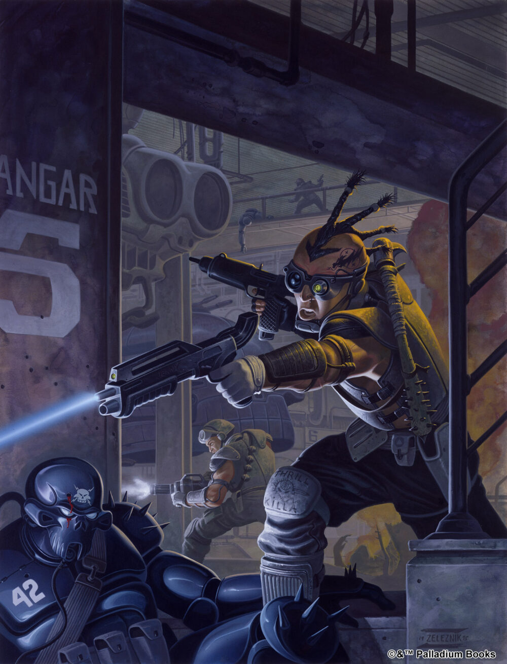 cover artwork for Juicer Uprising featuring a juicer shooting coalition soldiers with his laser gun