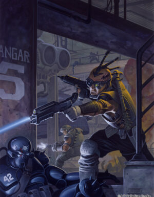 cover artwork for Juicer Uprising featuring a juicer shooting coalition soldiers with his laser gun