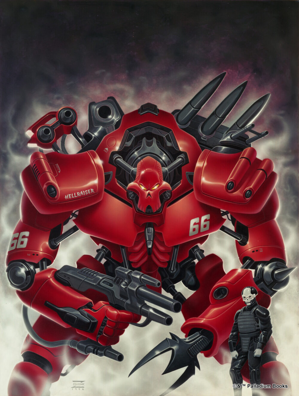 the cover of Rifts World Book 11 Coalition War Campaign, shows a picture of a Coalition Hellraiser robot