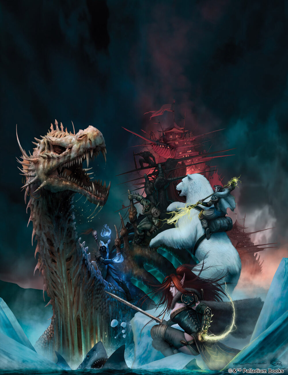 the cover artwork for the Palladium Fantasy Bizantium book, titled Death and Ice - it features a dark mage on a dragon boat fighting a man on a polar bear and an elfin woman with a sword