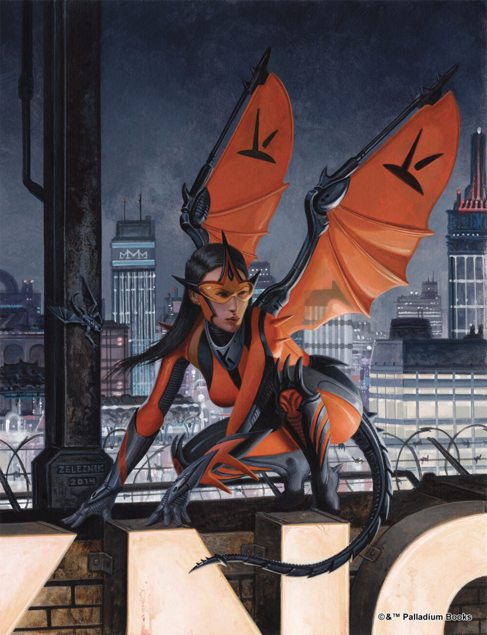 The rifter 68 cover, a woman in an orange and black suit with a tail and wings, sitting on a sign in a city