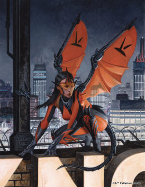 The rifter 68 cover, a woman in an orange and black suit with a tail and wings, sitting on a sign in a city