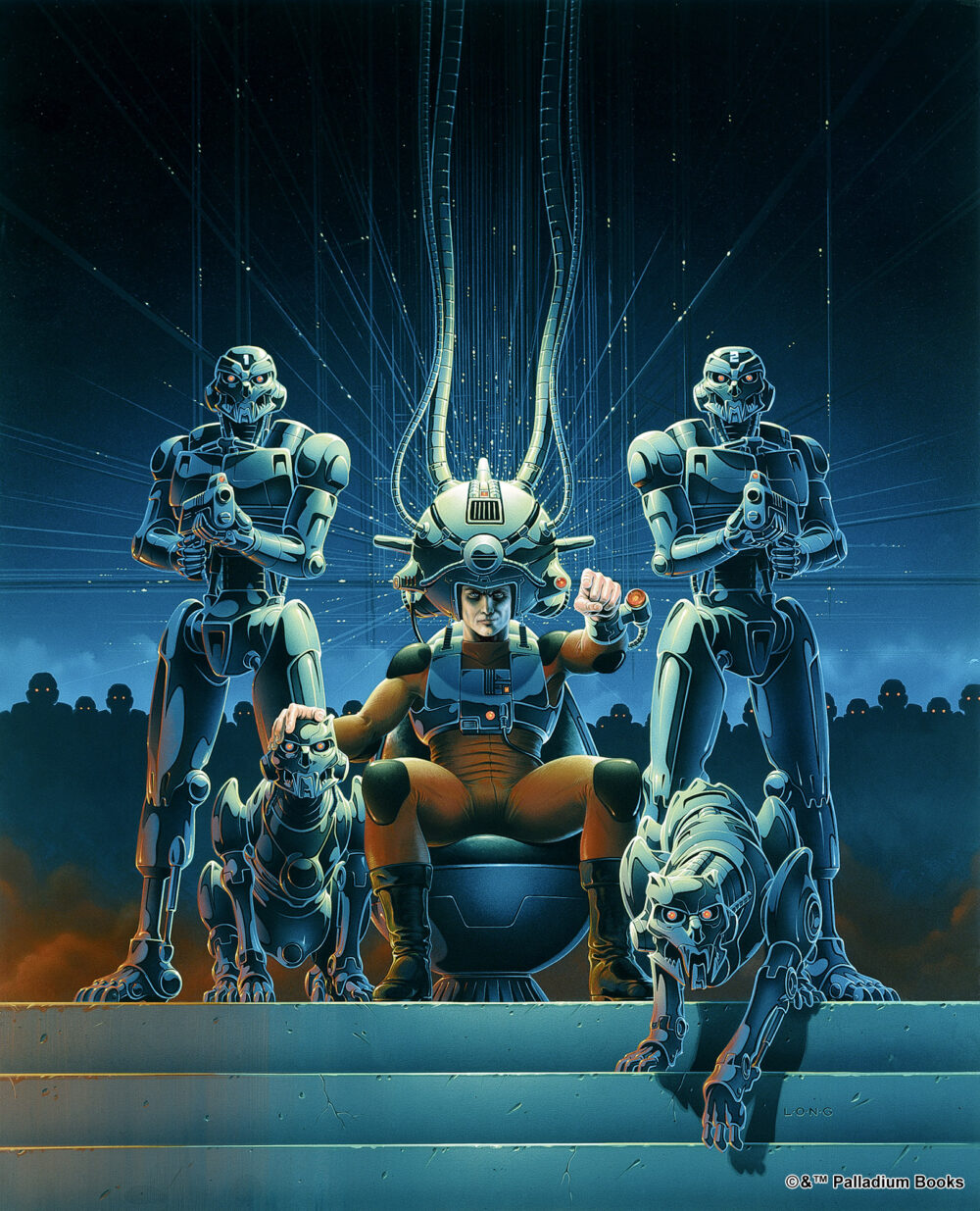 the cover artwork for Rifts sourcebook 1, it shows Hagan Lonovich with a mechanical helmet, surrounded by robots created by the artificial intelligence Archie 3