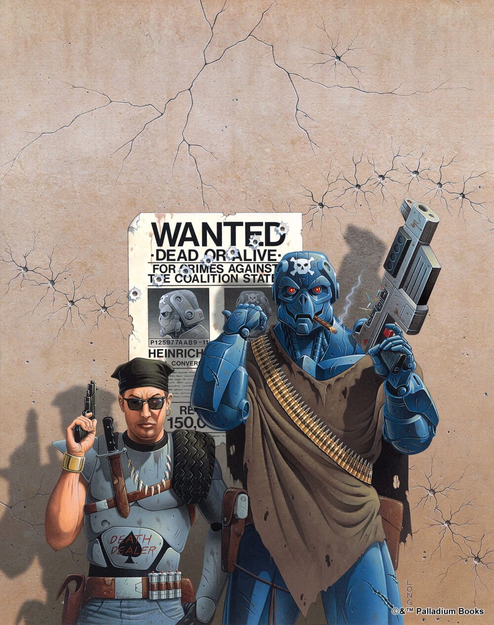 Artwork for the Rifts Mercenaries book cover, it shows a man and a borg standing in front of their wanted poster