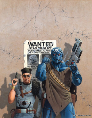 Artwork for the Rifts Mercenaries book cover, it shows a man and a borg standing in front of their wanted poster