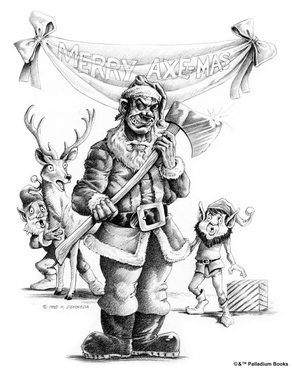 a kevin siembieda black and white artwork of a man in a santa suit with an axe, a gremlin in an elf costume and a scared reign deer