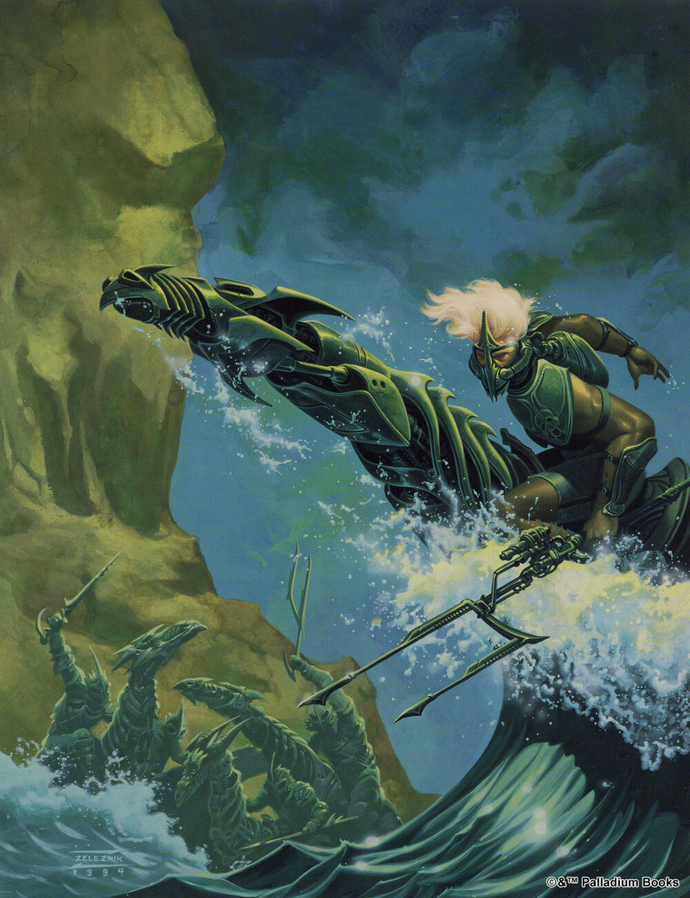 the cover artwork for Rifts world book 7 Underseas - it shows a man on a mechanical sea dragon emerging from a wave