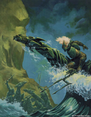 the cover artwork for Rifts world book 7 Underseas - it shows a man on a mechanical sea dragon emerging from a wave