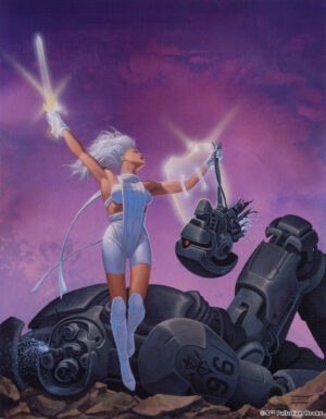 the cover artwork for Rifts world book12 Psyscape - it shows a woman with a psi sword and shield showing that she just removed the head of a robot