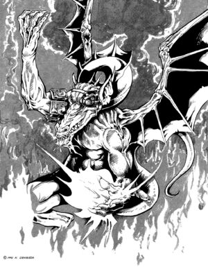 a black and white artwork of a dragon casting a spell with technology augmenting its vision